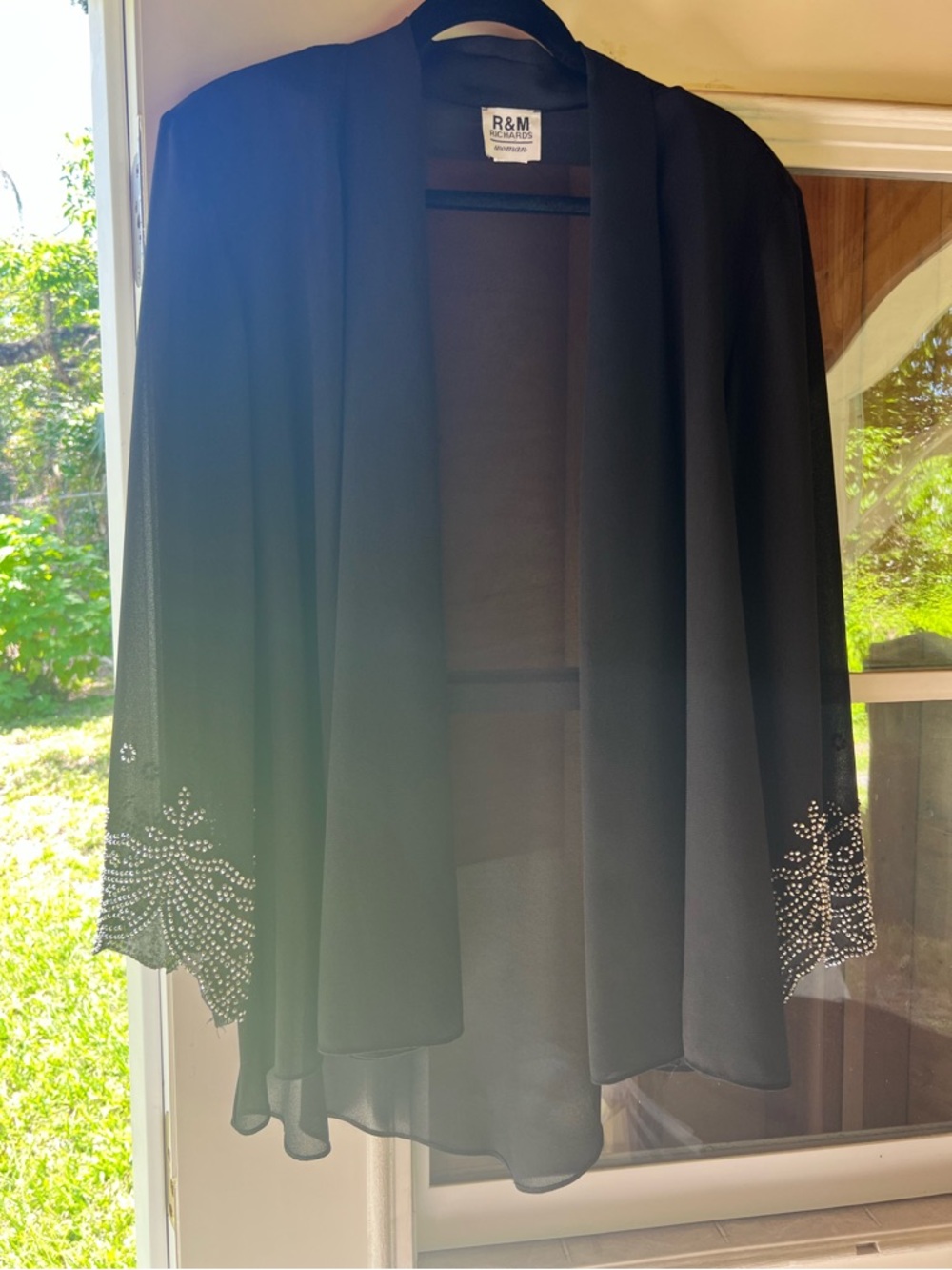 R & M Richards Black Sheer Open-Front Shrug with Rhinestone Cuffs Plus